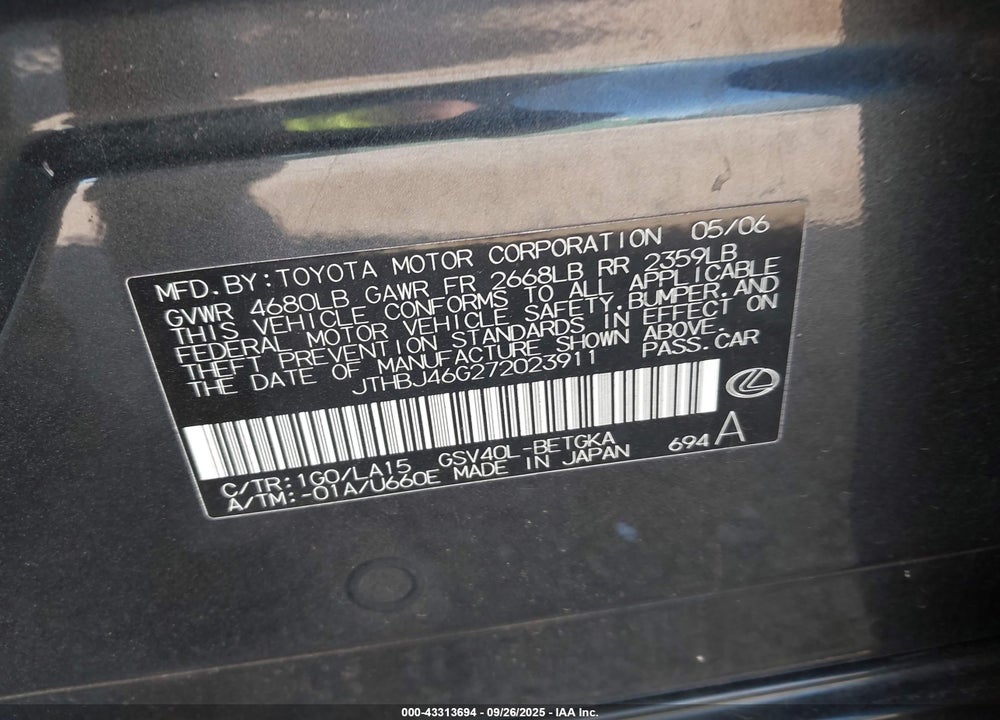 2007 LEXUS ES 350 VIN: JTHBJ46G272023911