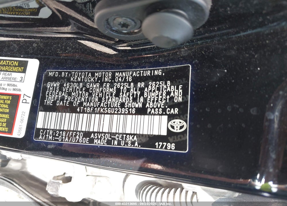 2016 TOYOTA CAMRY SE VIN: 4T1BF1FK5GU239516