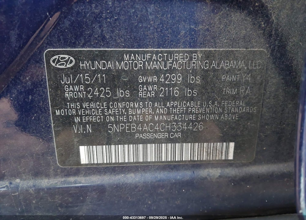 2012 HYUNDAI SONATA GLS PZEV VIN: 5NPEB4AC4CH334426