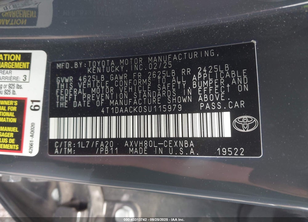 2025 TOYOTA CAMRY VIN: 4T1DAACK0SU115979