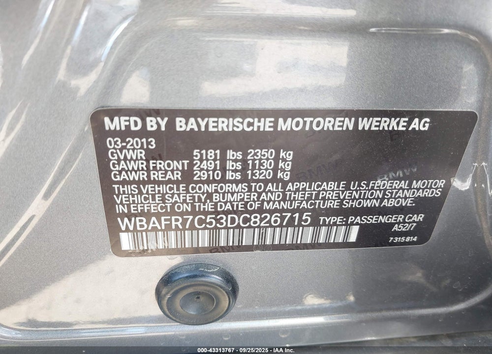 2013 BMW 5 SERIES VIN: WBAFR7C53DC826715
