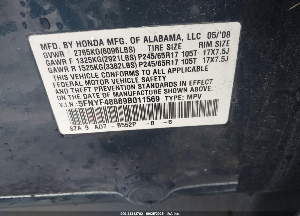 2009 HONDA PILOT TOURING VIN: 5FNYF48889B011569