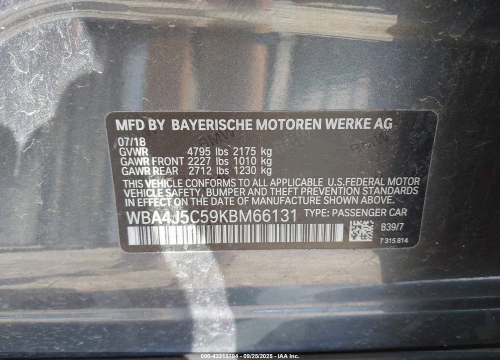 2019 BMW 440I GRAN COUPE VIN: WBA4J5C59KBM66131