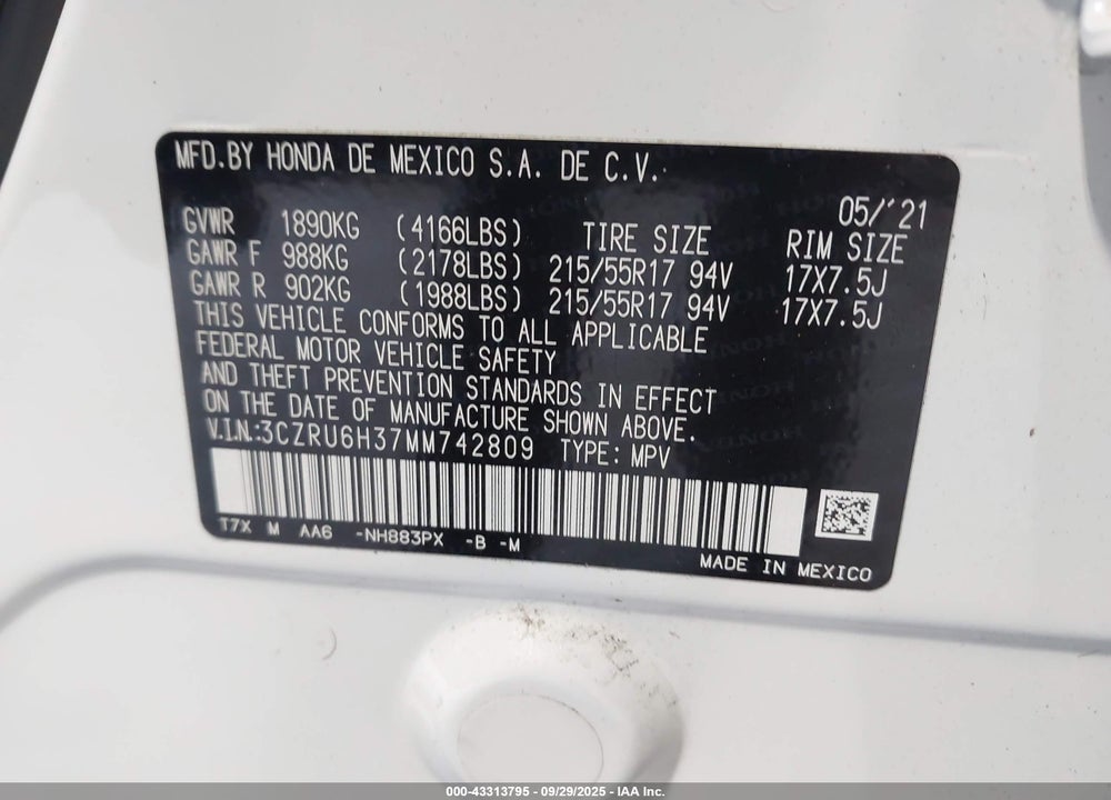 2021 HONDA HR-V VIN: 3CZRU6H37MM742809