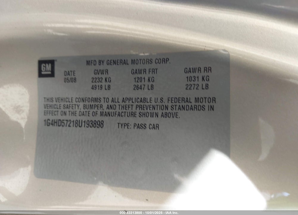2008 BUICK LUCERNE CXL VIN: 1G4HD57218U193898