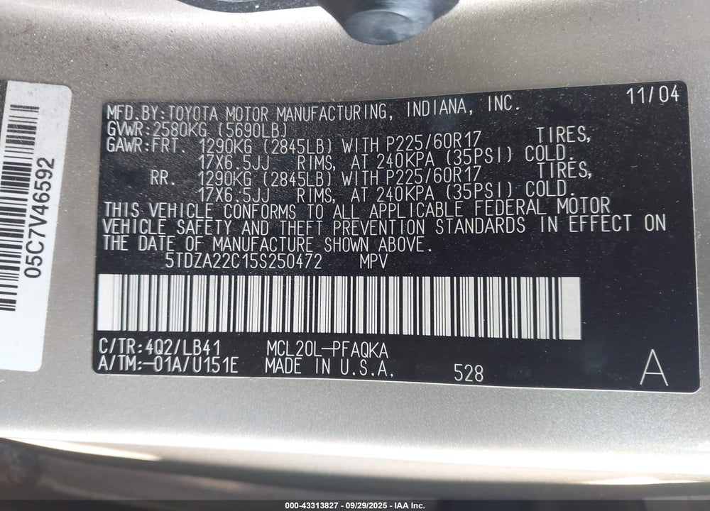 2005 TOYOTA SIENNA XLE LIMITED VIN: 5TDZA22C15S250472