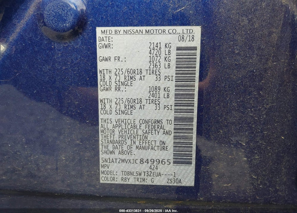 2018 NISSAN ROGUE VIN: 5N1AT2MVXJC849965