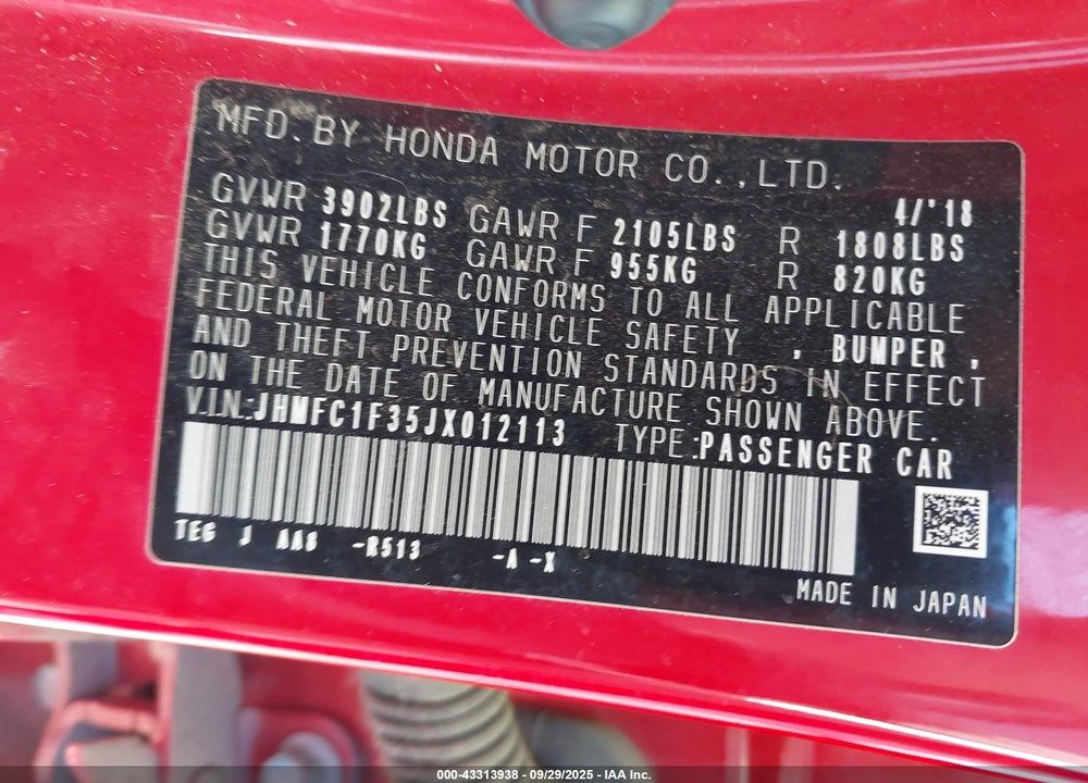 2018 HONDA CIVIC VIN: JHMFC1F35JX012113