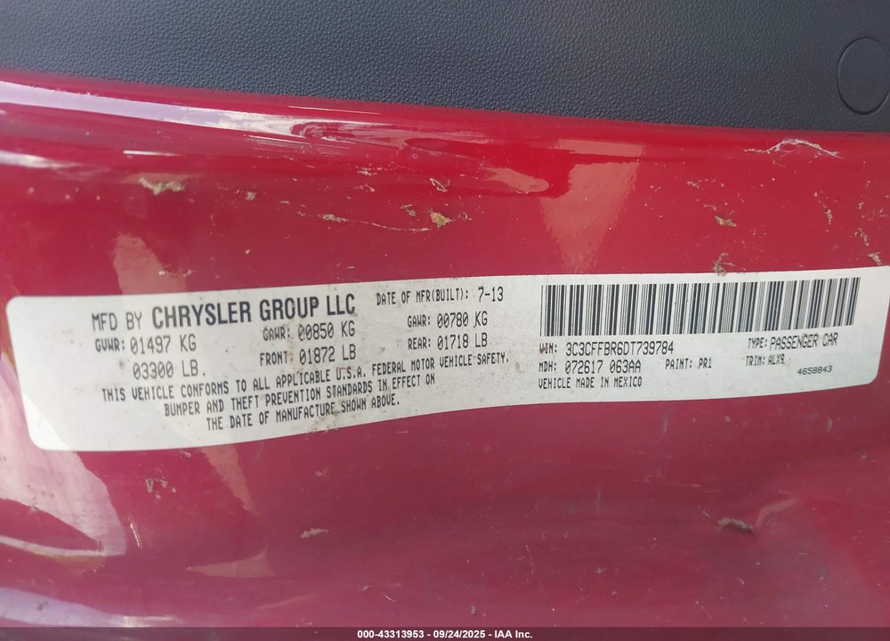 2013 FIAT 500 VIN: 3C3CFFBR6DT739784