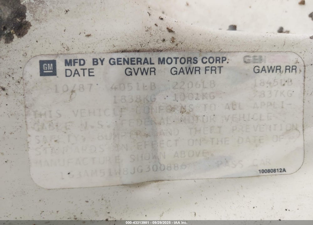 1988 OLDSMOBILE CUTLASS CIERA BROUGHAM VIN: 1G3AM51W8JG300886