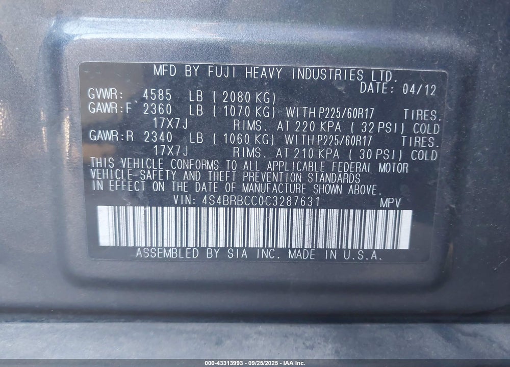 2012 SUBARU OUTBACK VIN: 4S4BRBCC0C3287631