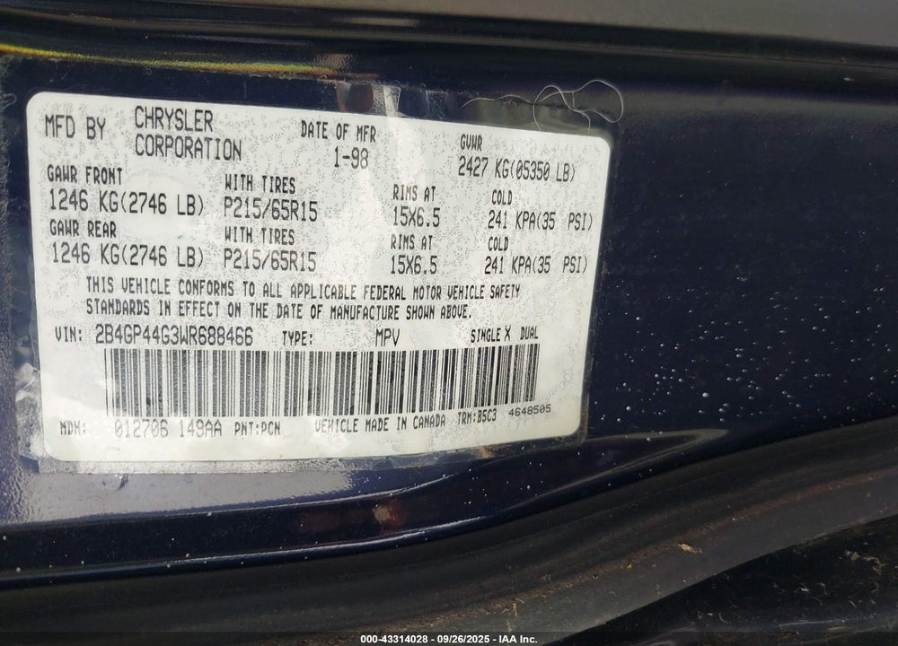1998 DODGE GRAND CARAVAN SE VIN: 2B4GP44G3WR688466