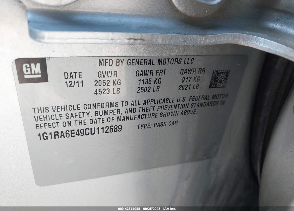 2012 CHEVROLET VOLT VIN: 1G1RA6E49CU112689