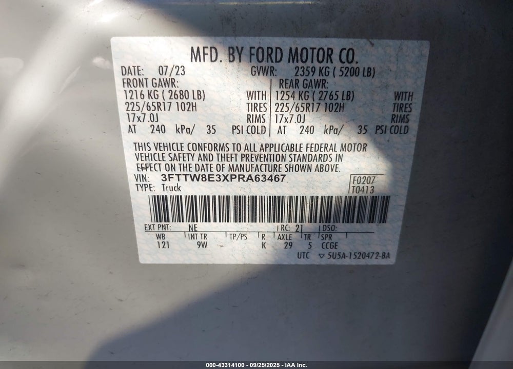 2023 FORD MAVERICK VIN: 3FTTW8E3XPRA63467