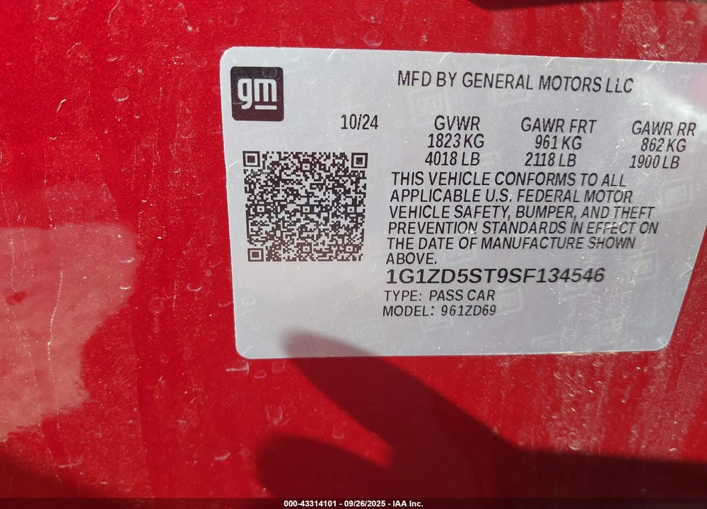 2025 CHEVROLET MALIBU FWD 1LT VIN: 1G1ZD5ST9SF134546