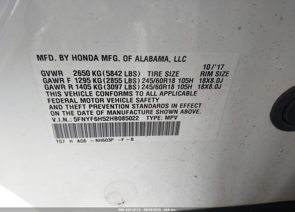 2017 HONDA PILOT VIN: 5FNYF6H52HB085022