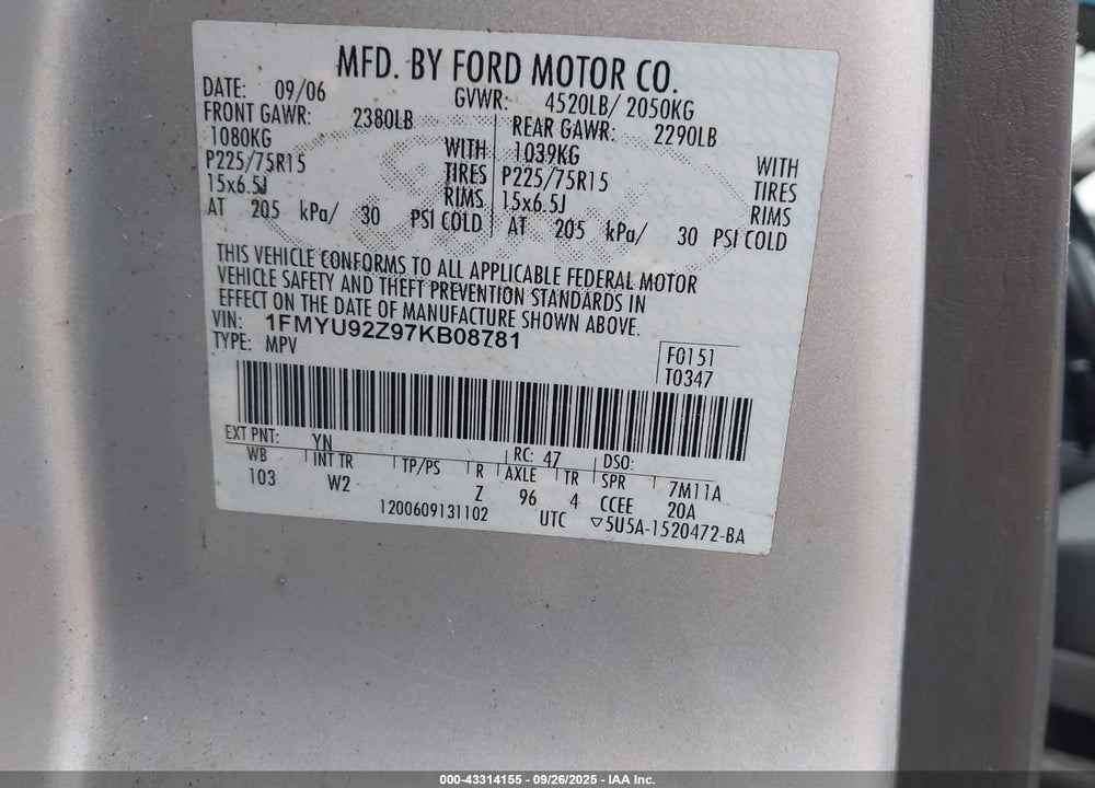 2007 FORD ESCAPE XLS/XLS MANUAL VIN: 1FMYU92Z97KB08781