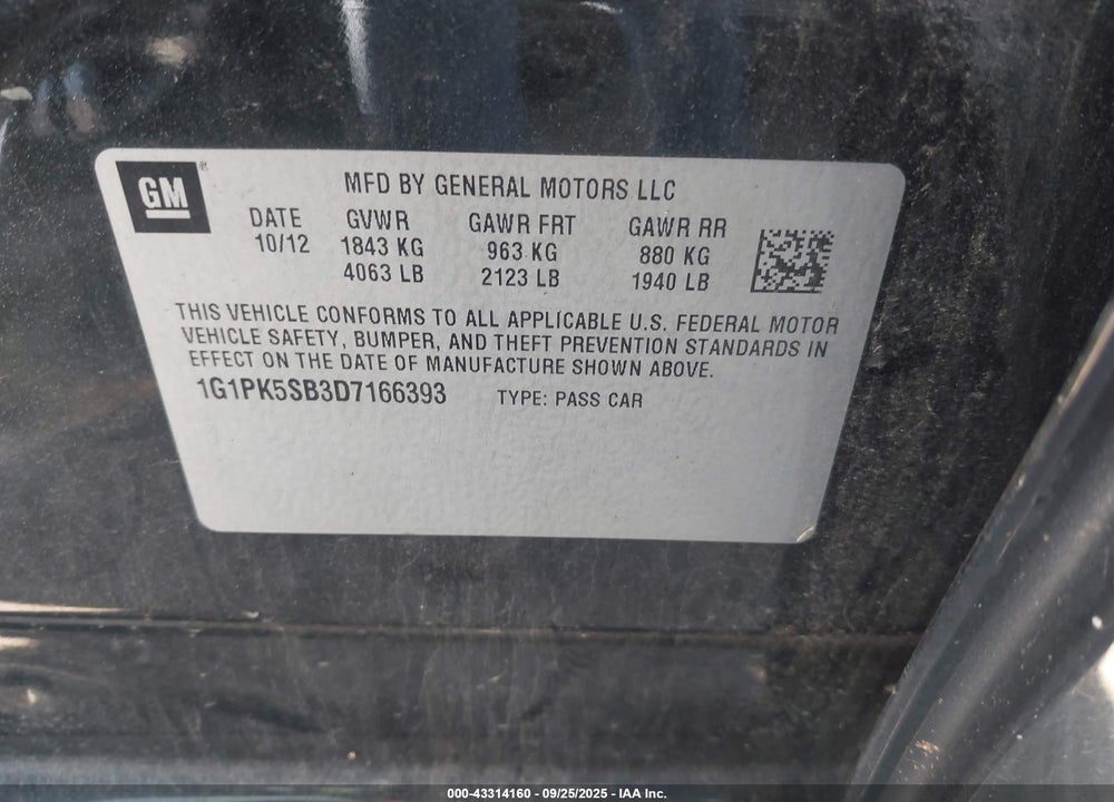 2013 CHEVROLET CRUZE VIN: 1G1PK5SB3D7166393