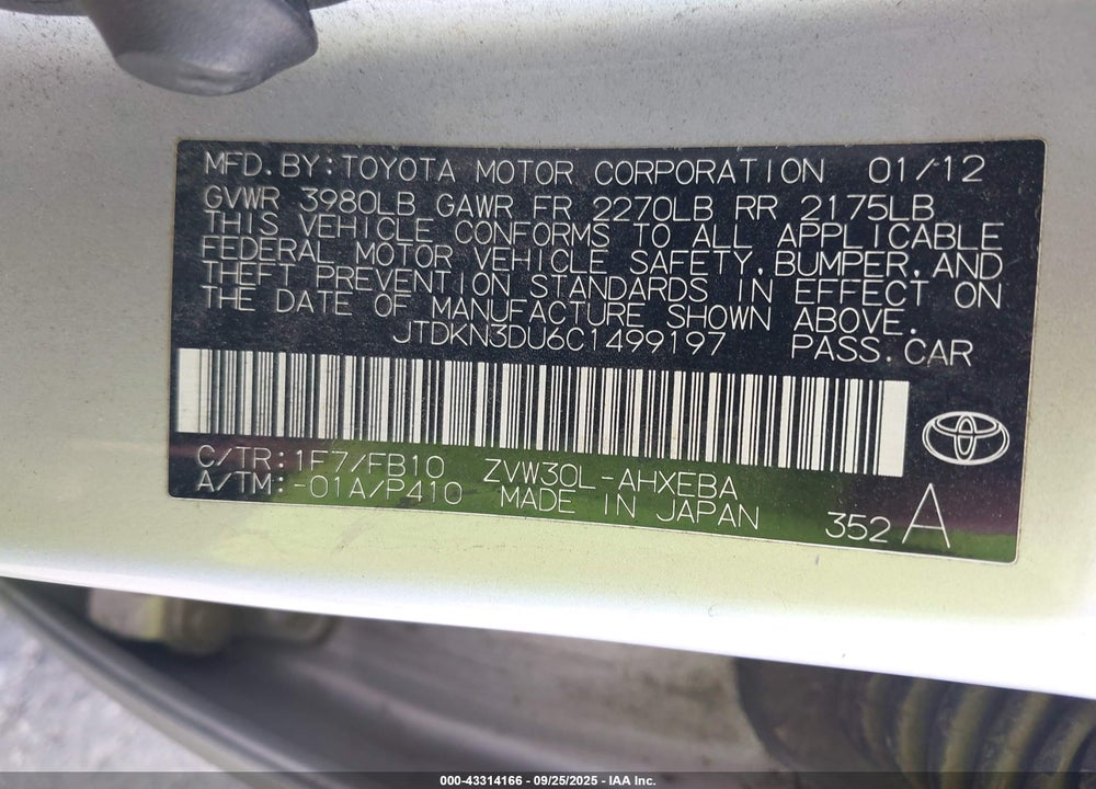 2012 TOYOTA PRIUS VIN: JTDKN3DU6C1499197