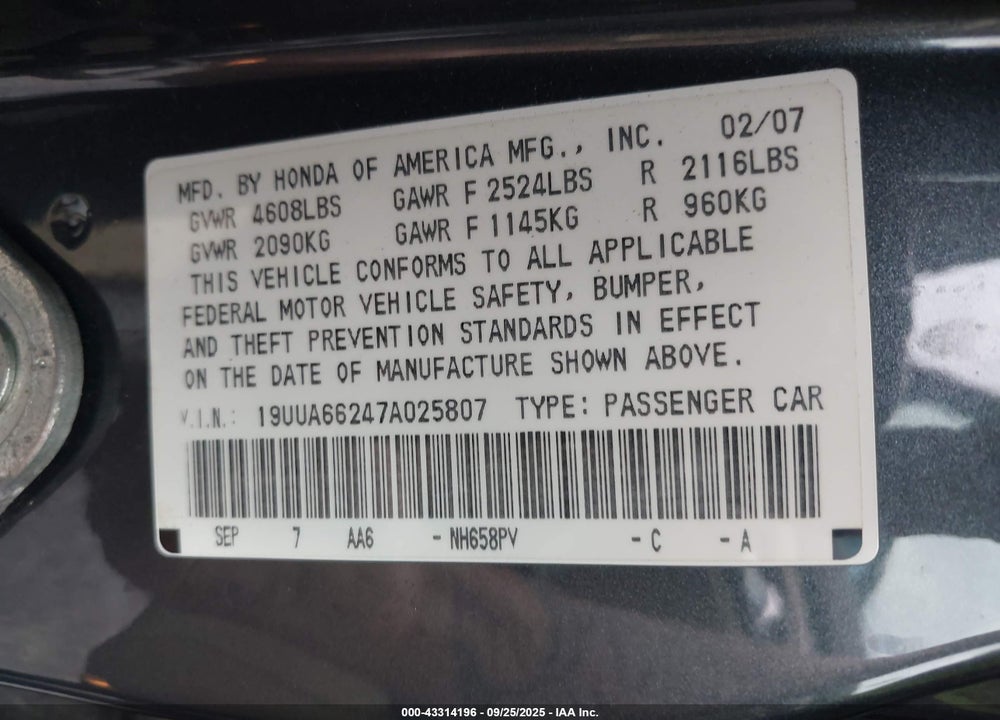 2007 ACURA TL 3.2 VIN: 19UUA66247A025807