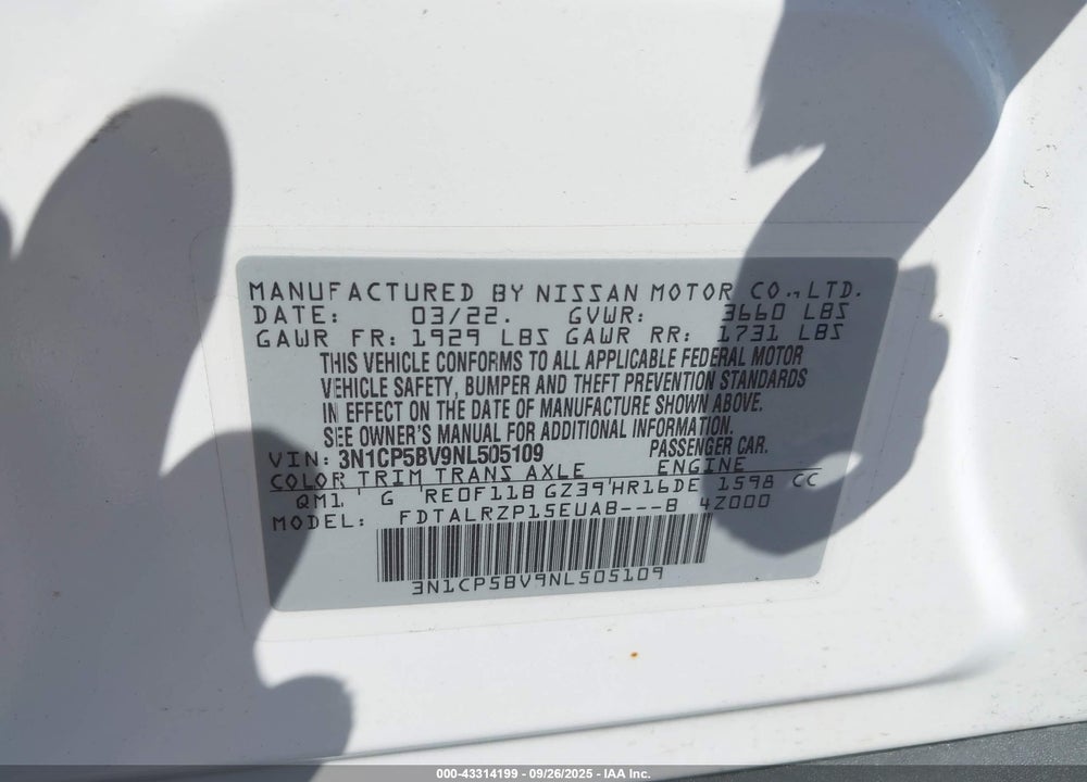 2022 NISSAN KICKS S XTRONIC CVT VIN: 3N1CP5BV9NL505109