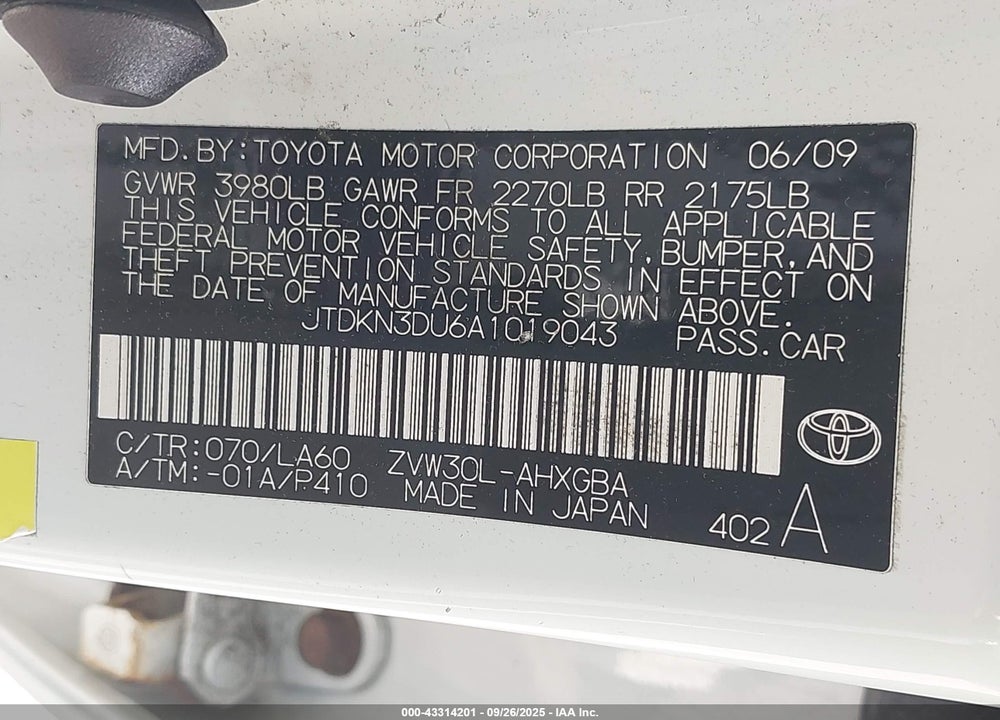 2010 TOYOTA PRIUS VIN: JTDKN3DU6A1019043