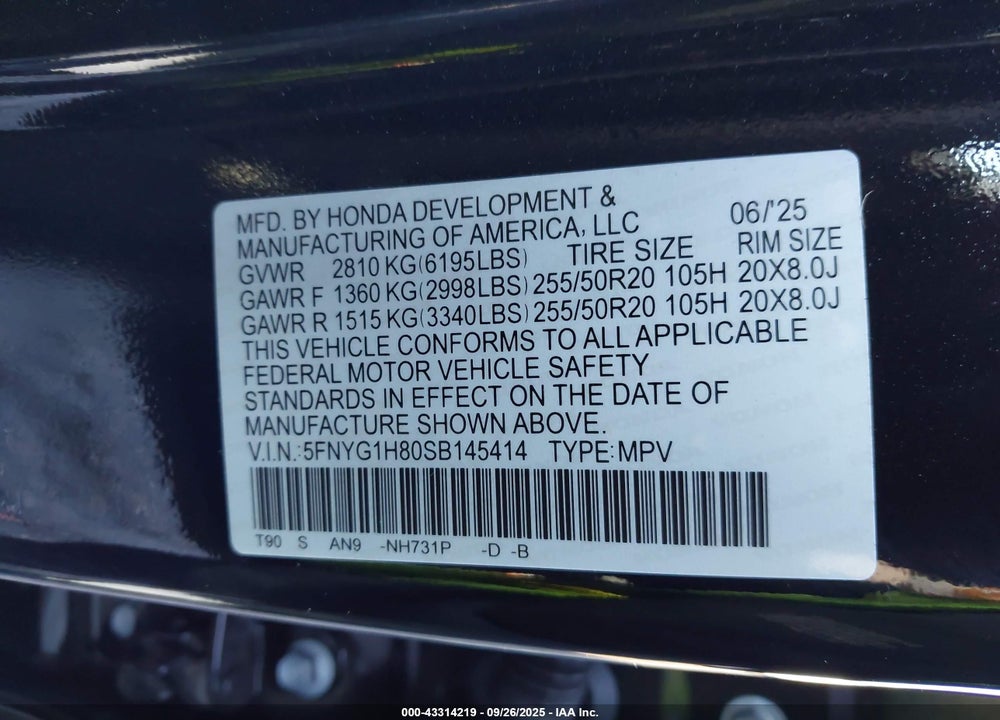 2025 HONDA PILOT ELITE VIN: 5FNYG1H80SB145414