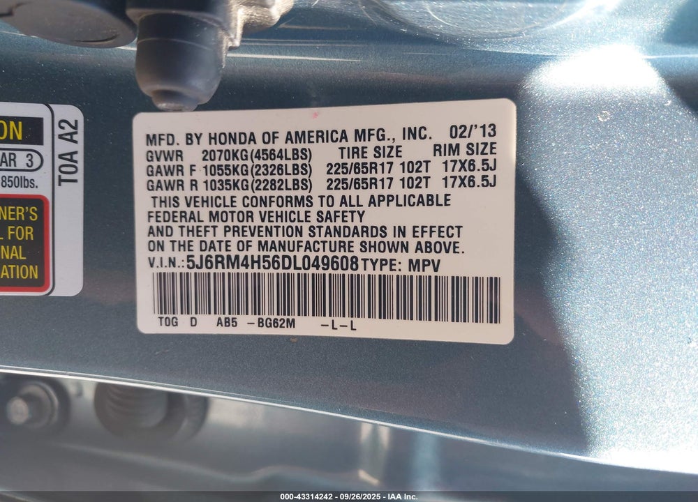 2013 HONDA CR-V VIN: 5J6RM4H56DL049608