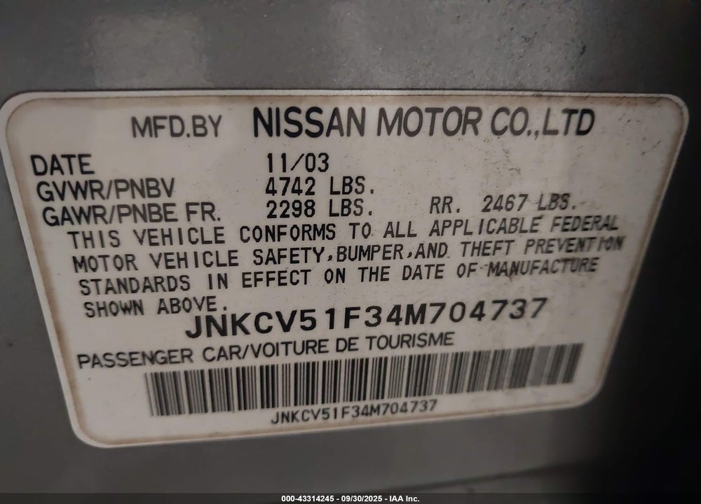 2004 INFINITI G35X VIN: JNKCV51F34M704737