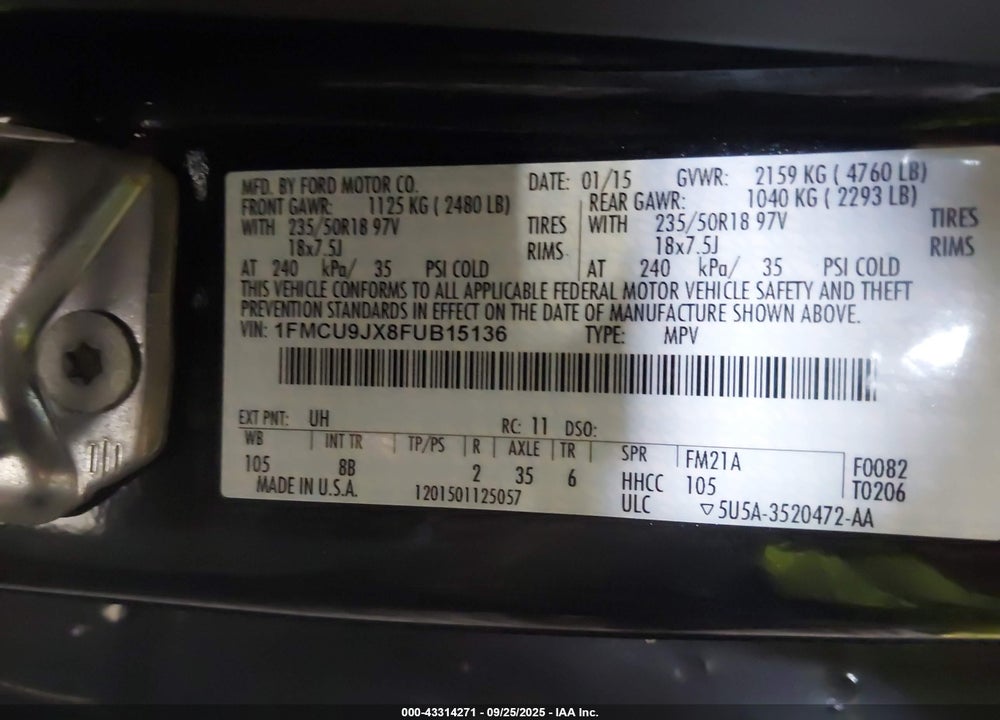 2015 FORD ESCAPE VIN: 1FMCU9JX8FUB15136