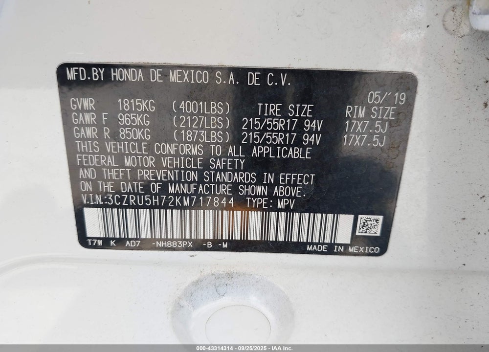 2019 HONDA HR-V VIN: 3CZRU5H72KM717844
