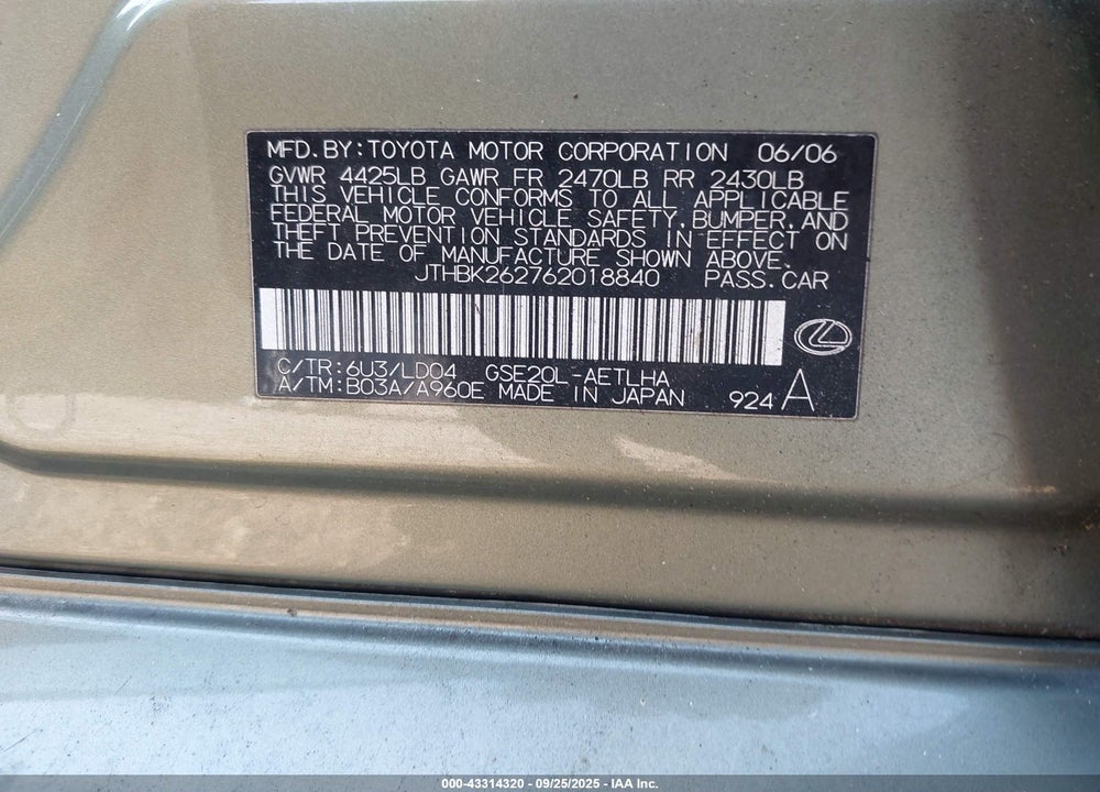 2006 LEXUS IS 250 VIN: JTHBK262762018840