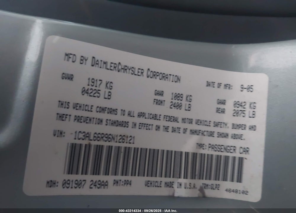 2006 CHRYSLER SEBRING LIMITED VIN: 1C3AL66R96N126121