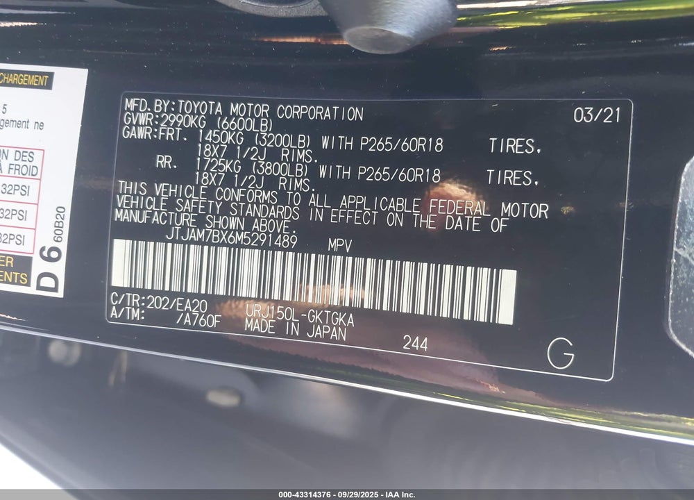 2021 LEXUS GX 460 VIN: JTJAM7BX6M5291489