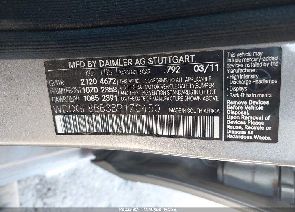 2011 MERCEDES-BENZ C CLASS VIN: WDDGF8BB3BR170450
