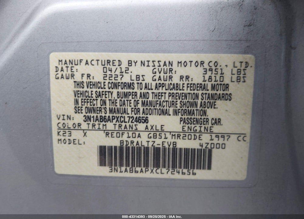 2012 NISSAN SENTRA VIN: 3N1AB6APXCL724656