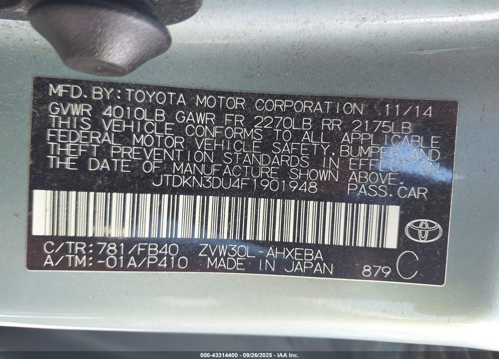 2015 TOYOTA PRIUS VIN: JTDKN3DU4F1901948