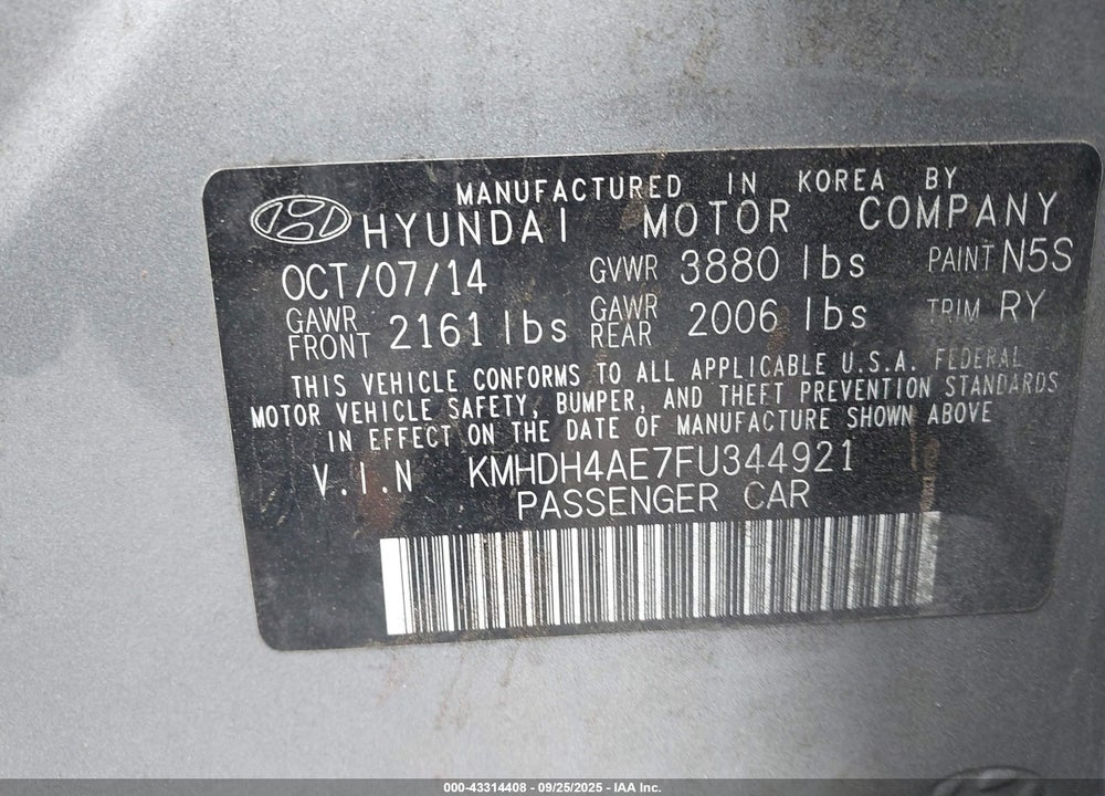 2015 HYUNDAI ELANTRA SE VIN: KMHDH4AE7FU344921