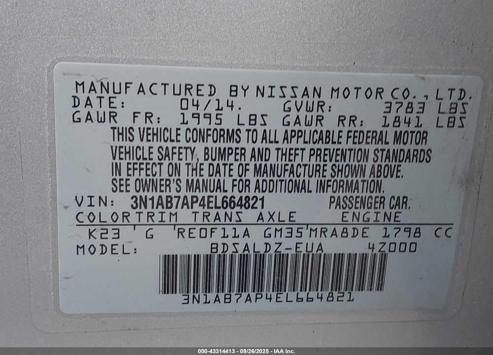 2014 NISSAN SENTRA VIN: 3N1AB7AP4EL664821