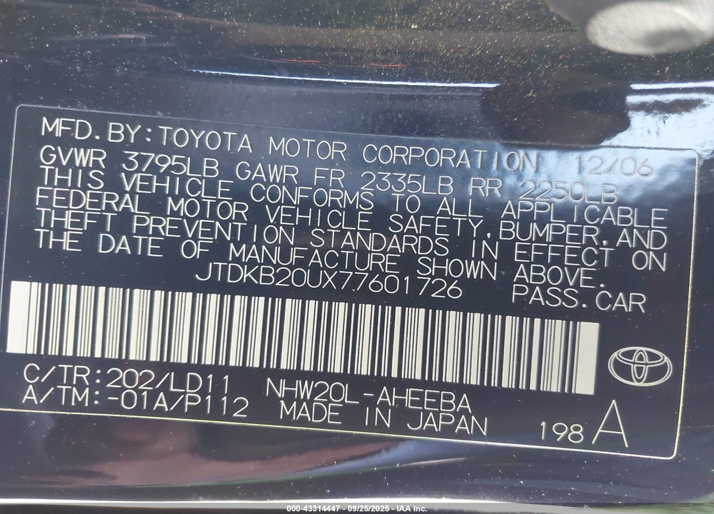 2007 TOYOTA PRIUS VIN: JTDKB20UX77601726