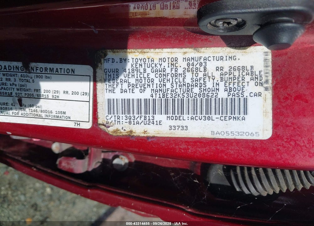 2003 TOYOTA CAMRY LE VIN: 4T1BE32K53U208622