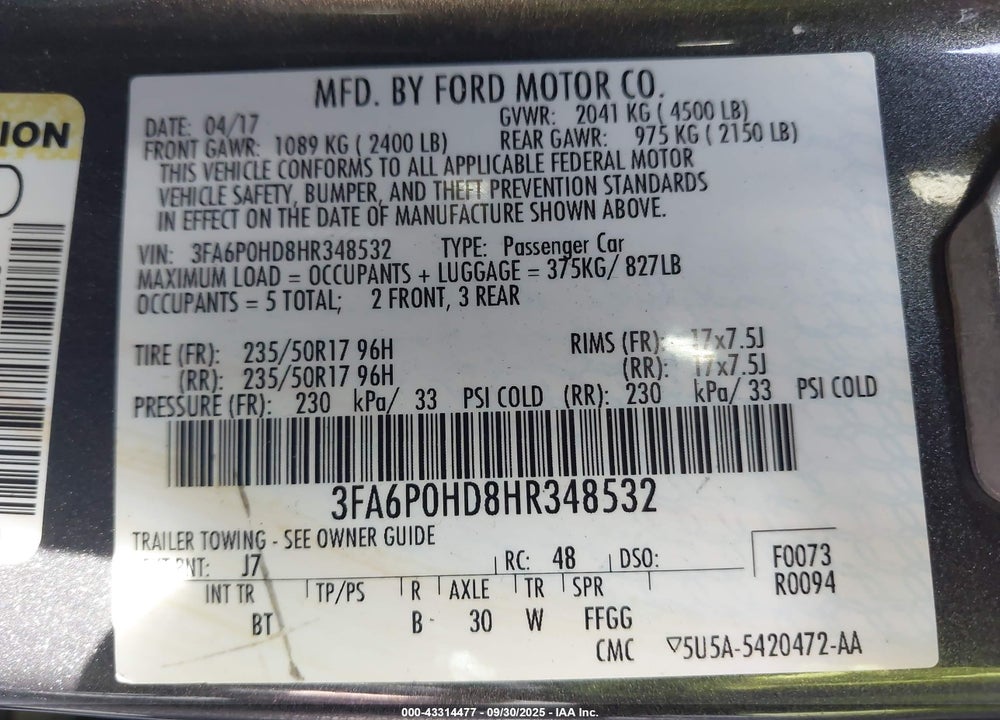2017 FORD FUSION SE VIN: 3FA6P0HD8HR348532