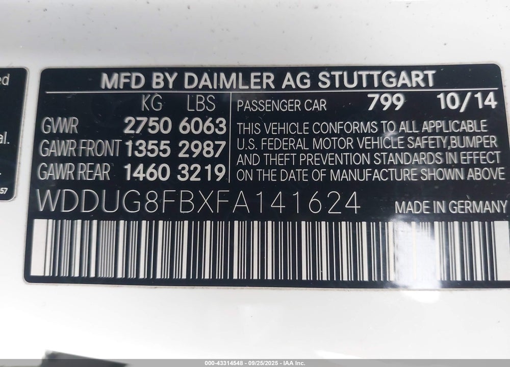 2015 MERCEDES-BENZ S CLASS VIN: WDDUG8FBXFA141624