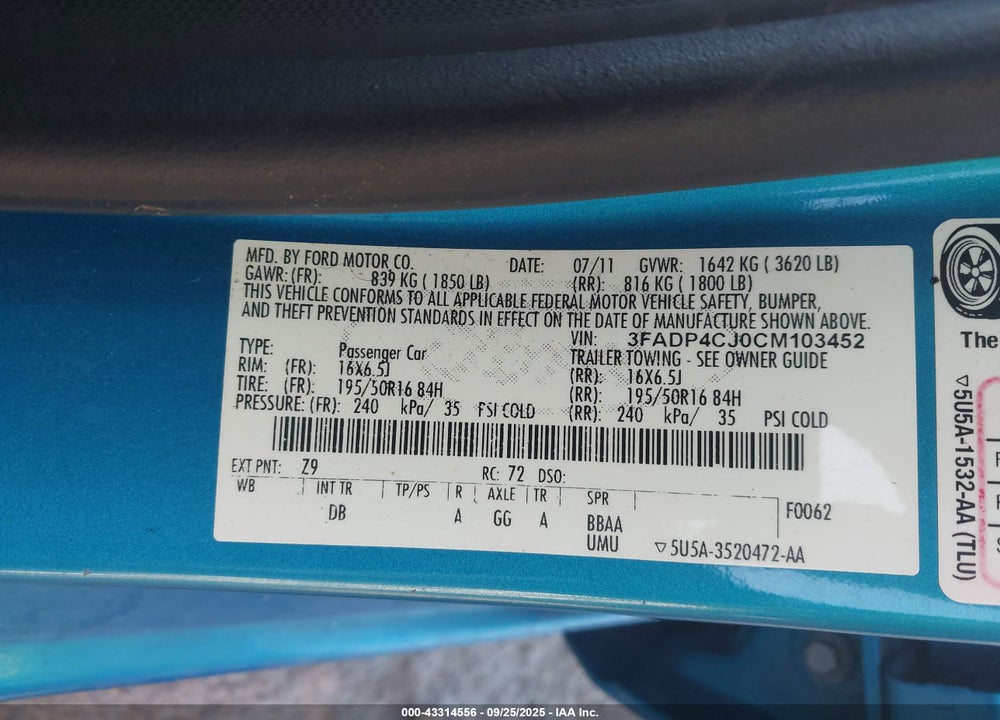 2012 FORD FIESTA VIN: 3FADP4CJ0CM103452