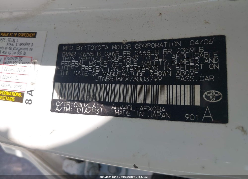 2007 TOYOTA CAMRY HYBRID VIN: JTNBB46KX73003799