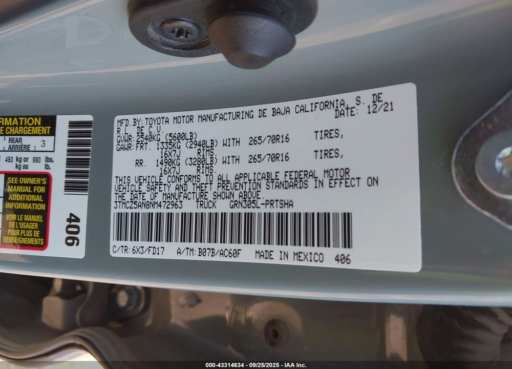 2022 TOYOTA TACOMA VIN: 3TMCZ5AN8NM472963