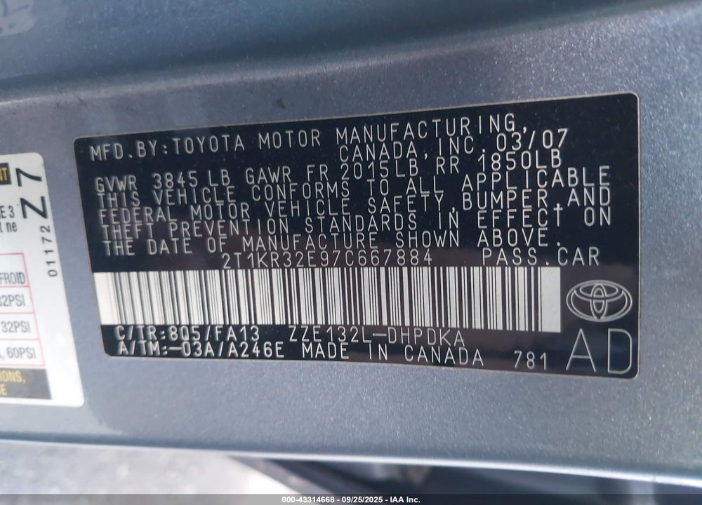 2007 TOYOTA MATRIX VIN: 2T1KR32E97C667884