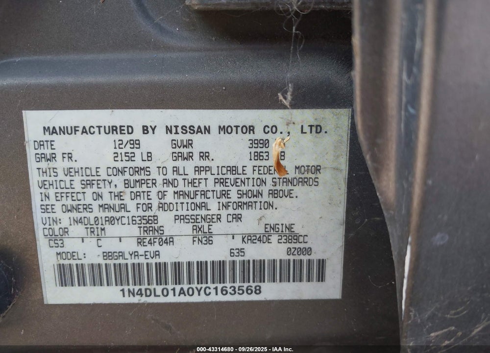 2000 NISSAN ALTIMA GLE/GXE/SE VIN: 1N4DL01A0YC163568