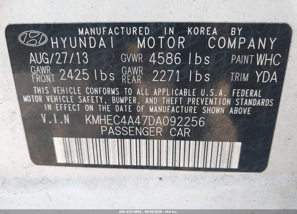 2013 HYUNDAI SONATA HYBRID VIN: KMHEC4A47DA092256