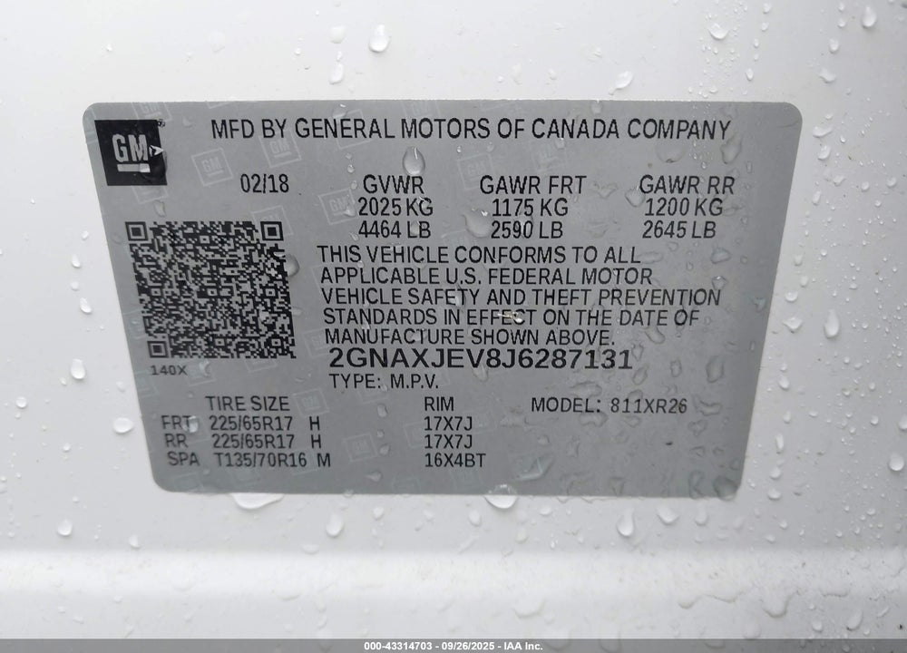 2018 CHEVROLET EQUINOX VIN: 2GNAXJEV8J6287131